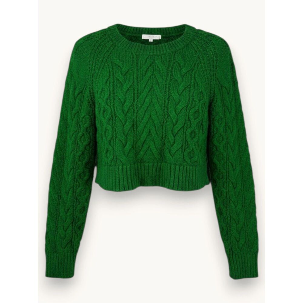 Anthropologie Maeve Green Fuzzy Cable Knit Sweater Women's Cropped Boxy XS